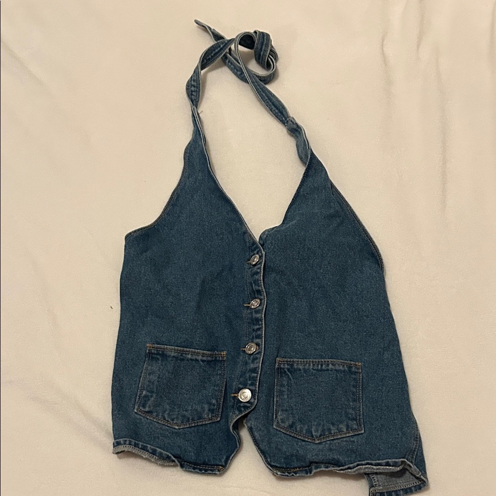 White Fox Boutique Dark Blue Denim Halter Tank Top